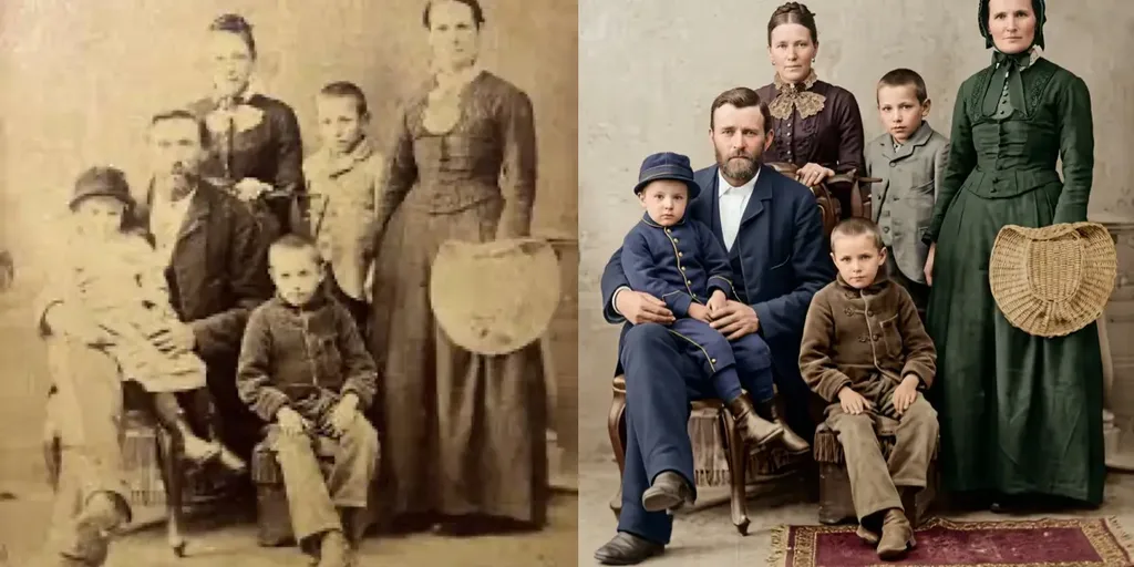 Before and after: damaged family portrait restored and colorized with AI