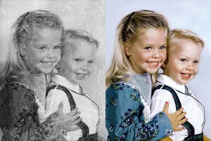 Before and after: damaged vintage portrait of two children restored and colorized