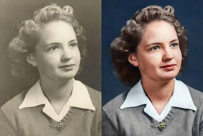 Before and after: cracked vintage woman portrait restored and colorized