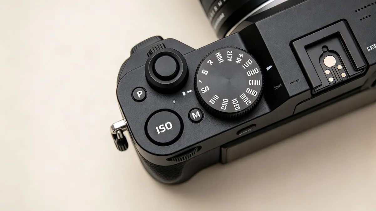 Camera top plate with ISO button and mode dial — where you set ISO