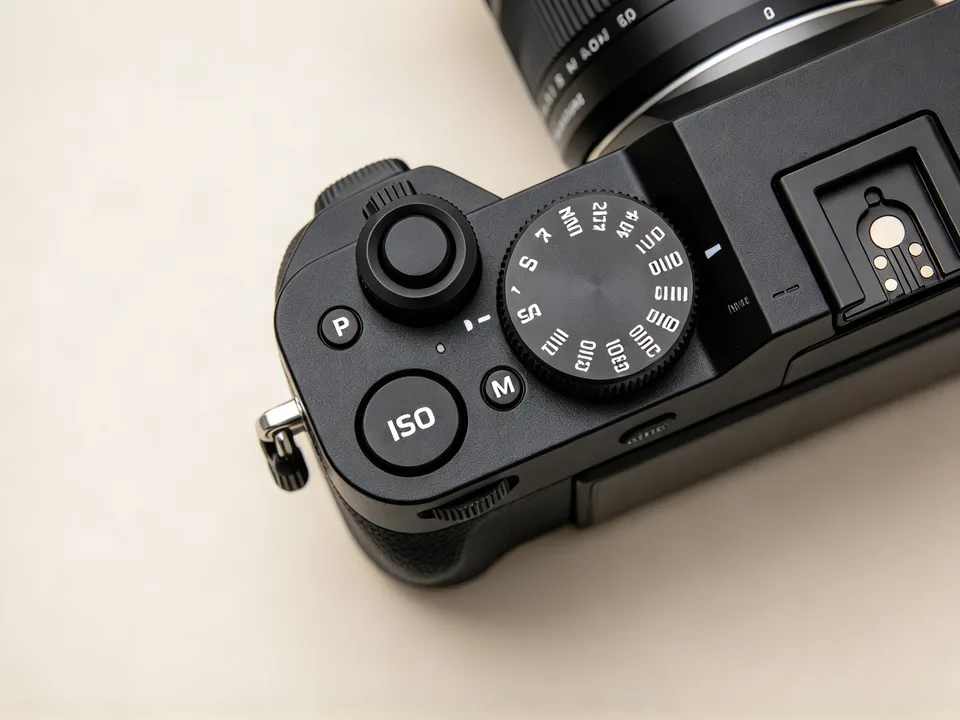 Camera top plate with ISO button and mode dial — where you set ISO
