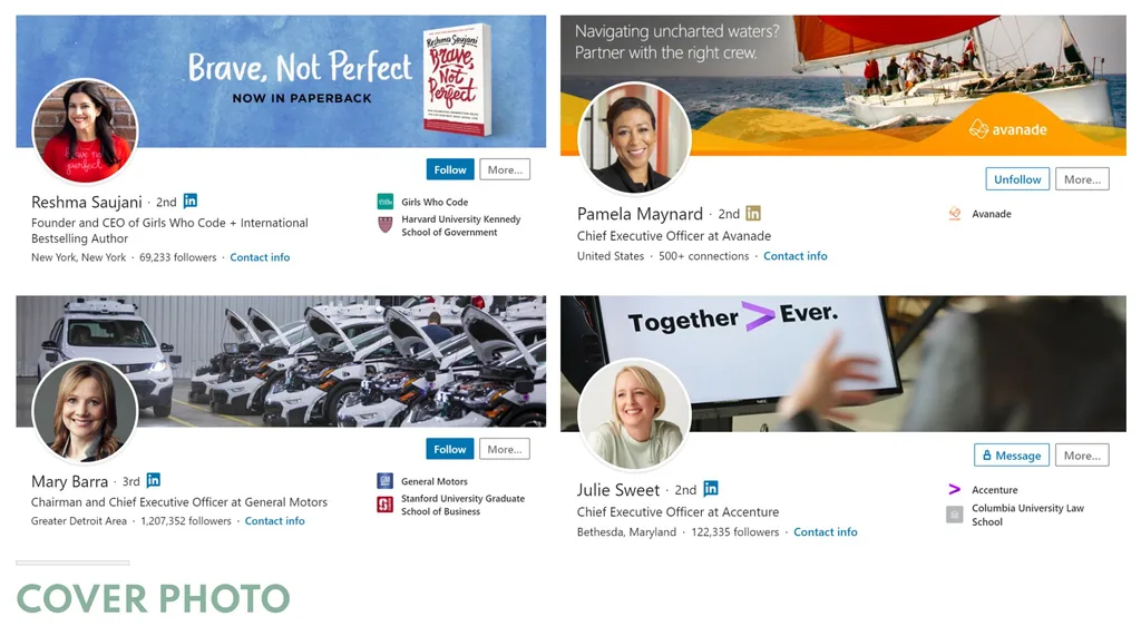LinkedIn banner examples — solid color, photo, and text-overlay cover designs