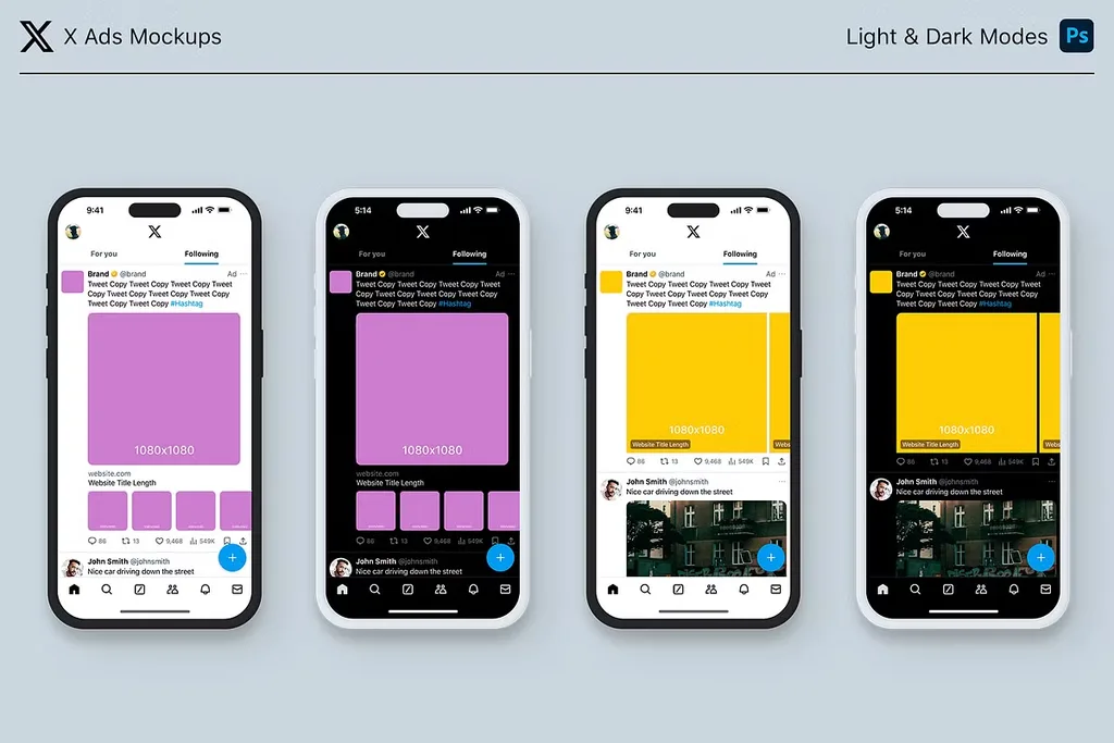 X Twitter ad formats mockup — single image ad and carousel ad with swipeable cards