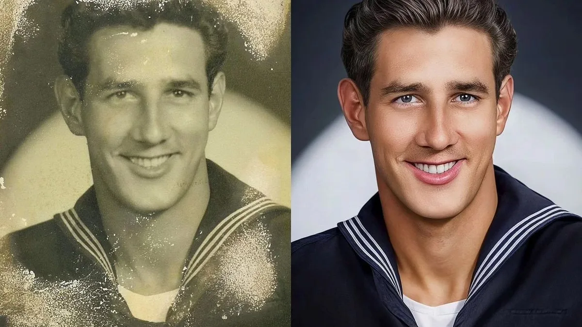 Before and after colorization of a damaged vintage sailor portrait