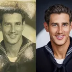 Before and after colorization of a damaged vintage sailor portrait