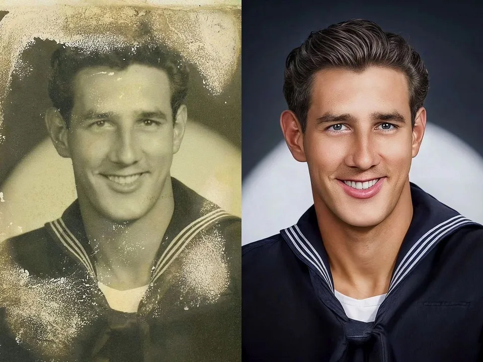 Before and after colorization of a damaged vintage sailor portrait