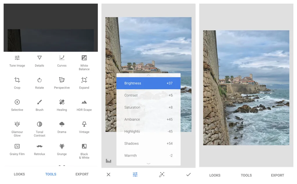 Snapseed Tune Image and Curves tools — pro-level controls, all free, no watermark