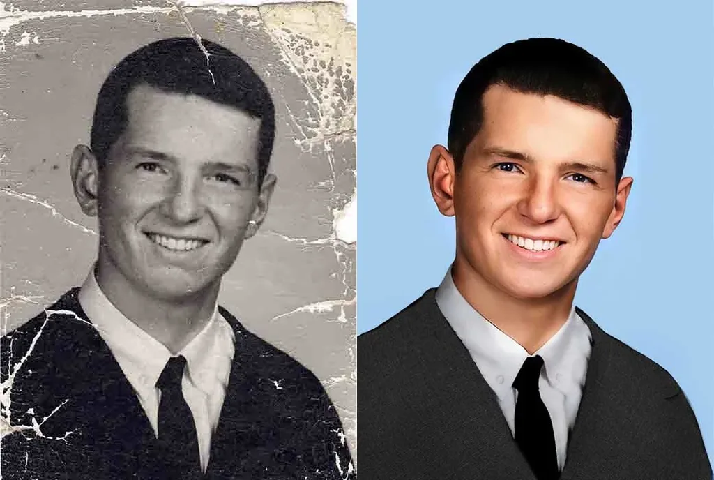 Damaged black and white portrait restored and colorized