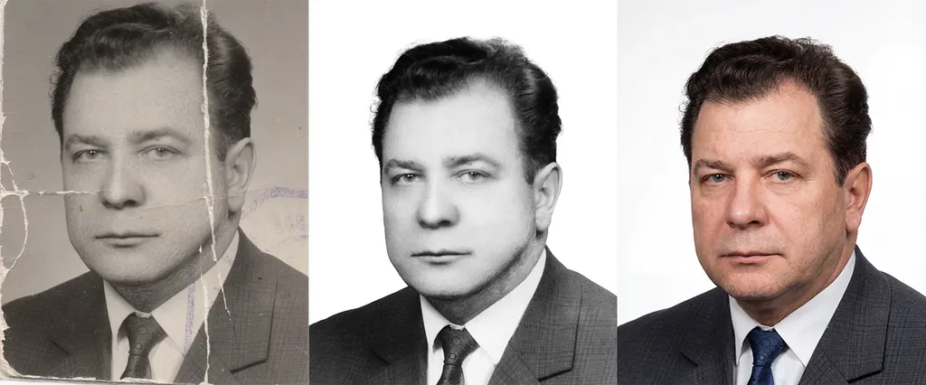 Three-stage restoration: damaged, repaired, colorized portrait