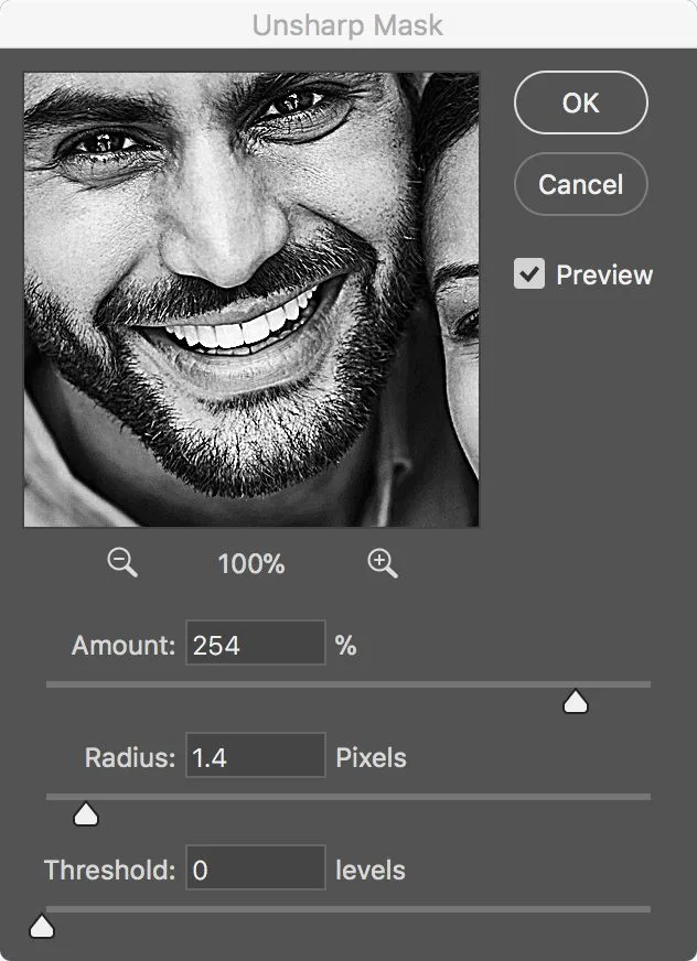 Photoshop Unsharp Mask dialog with Amount Radius Threshold sliders