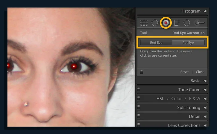 Lightroom Develop module with Red Eye Correction tool selected and arrows pointing to it