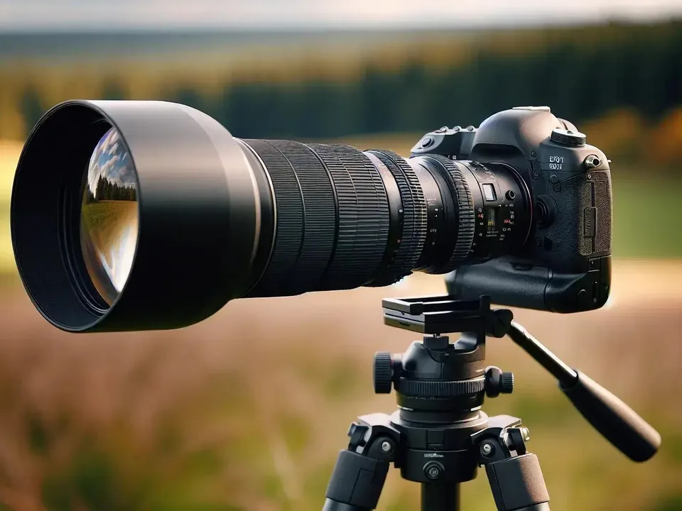 Professional telephoto lens on DSLR mounted on a tripod