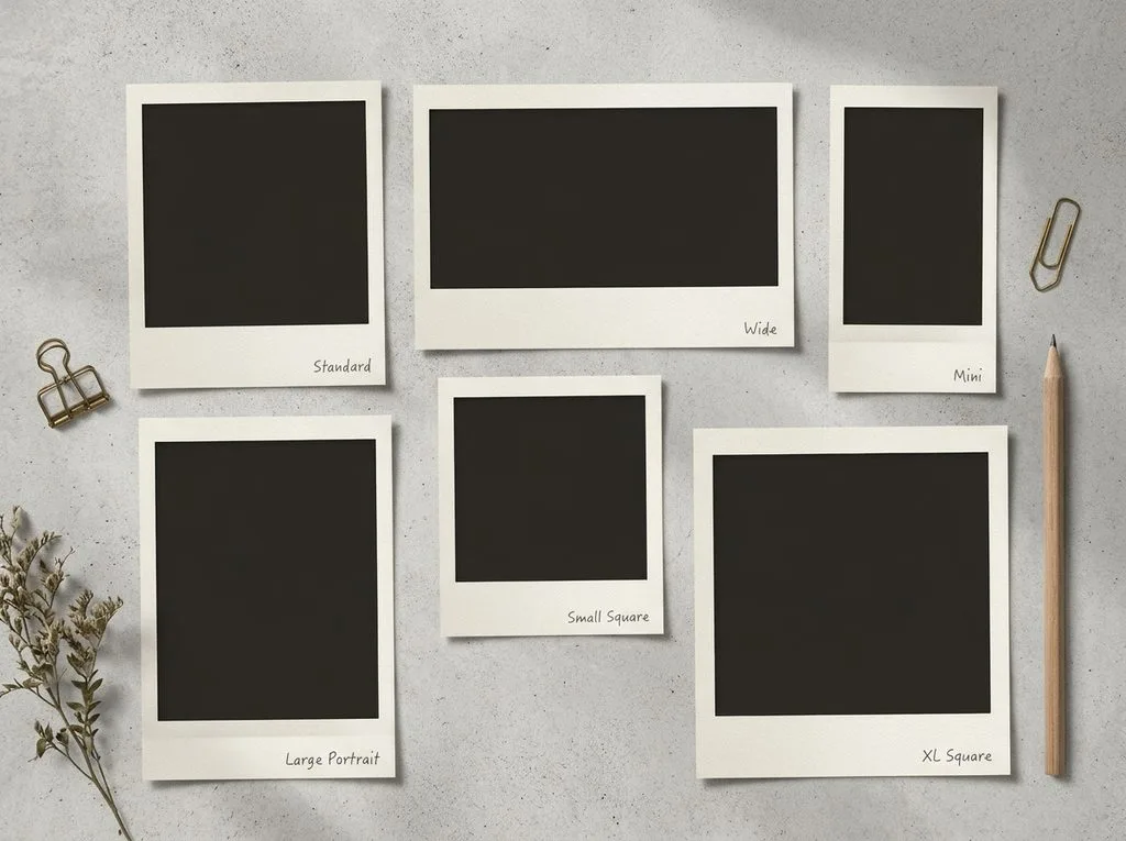 Polaroid photo mockup templates in multiple sizes — note the thicker bottom border on every one